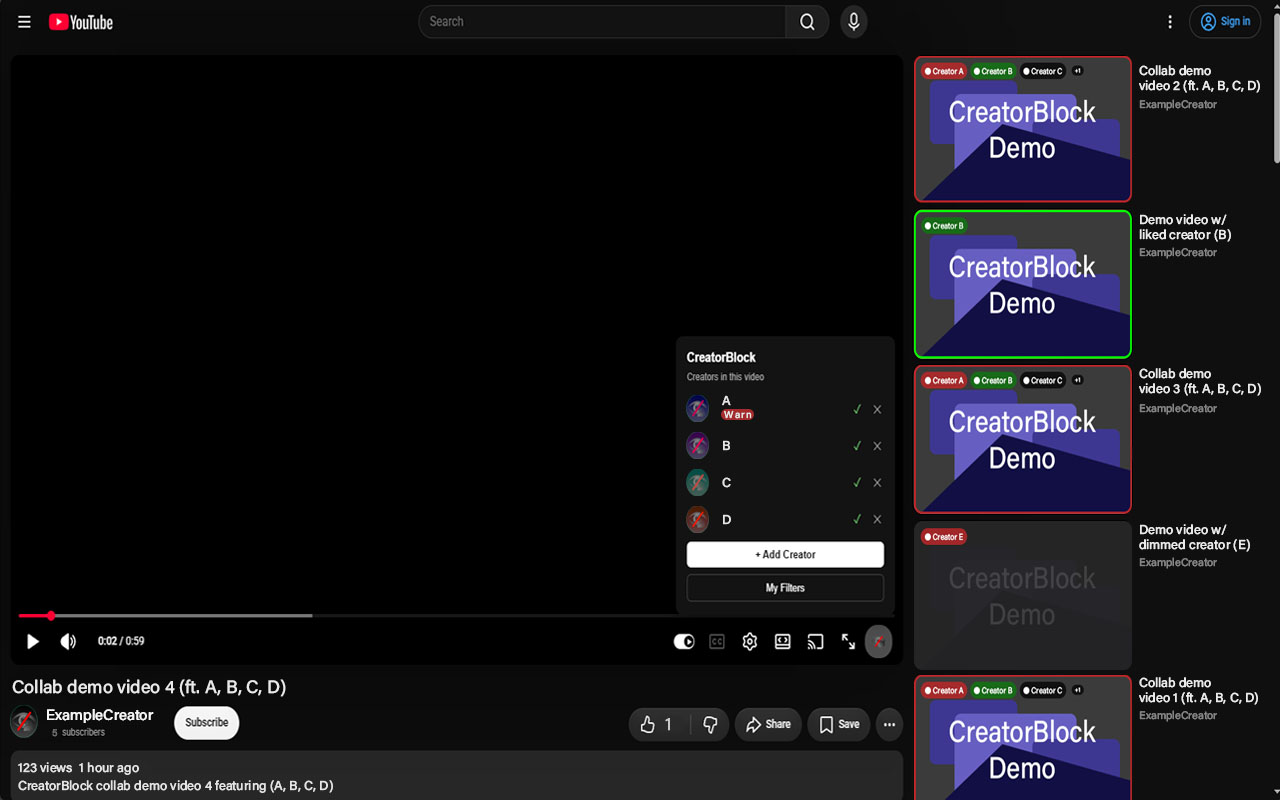 A video page with the CreatorBlock panel open in the player, listing the creators in the video with confirm and dispute buttons, an Add Creator button, and a My Filters button.