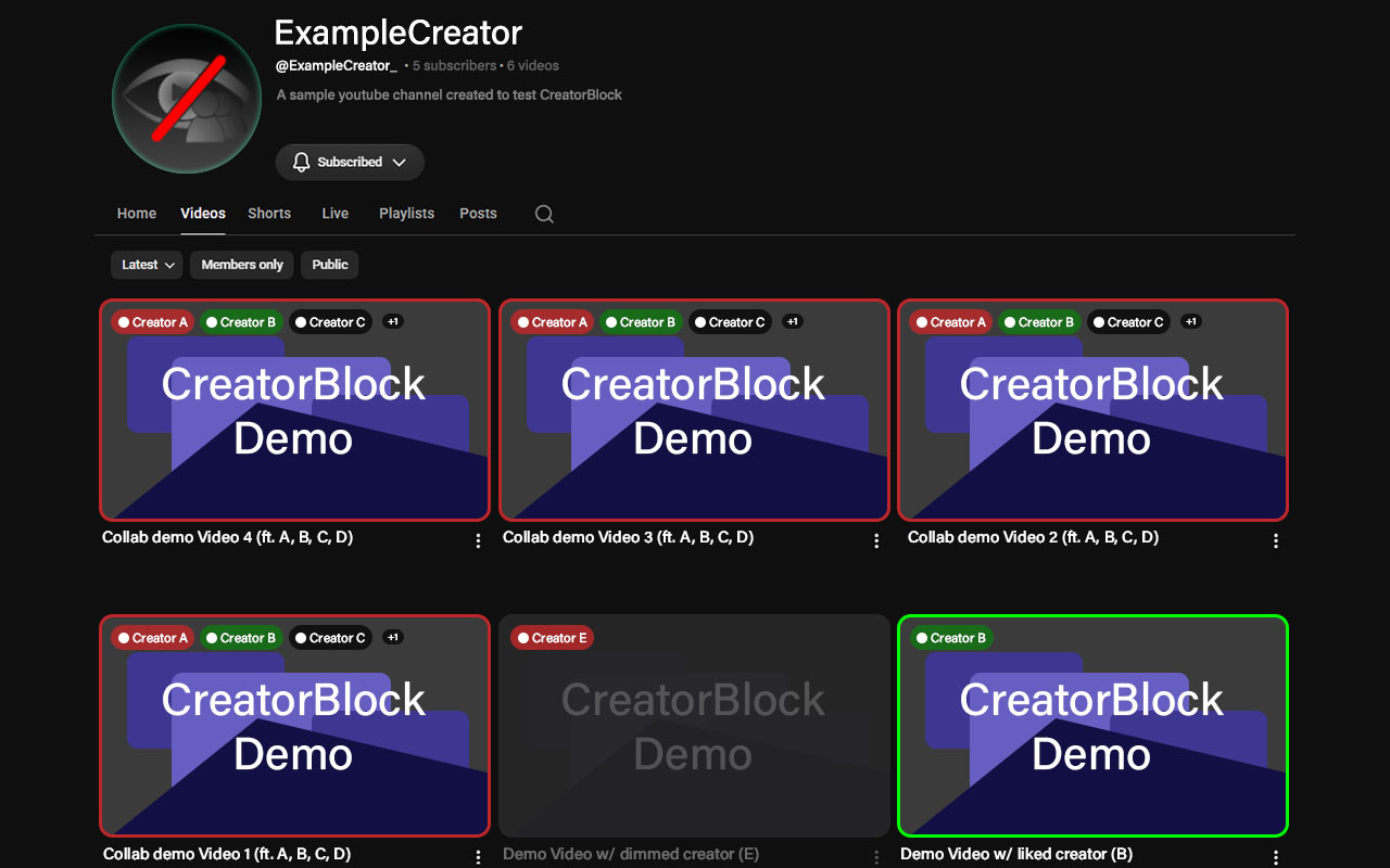 A channel page where video thumbnails show creator badges: a red outline for Warn, a green outline for Like, and a faded thumbnail for Dim.